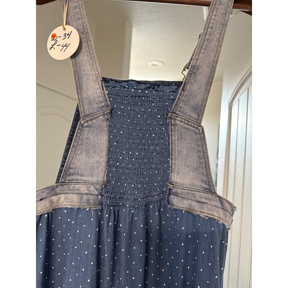 Upcycled Denim Prairie Overall Dress Cottagecore Boho Patchwork Midi Polka dot - Picture 6 of 6